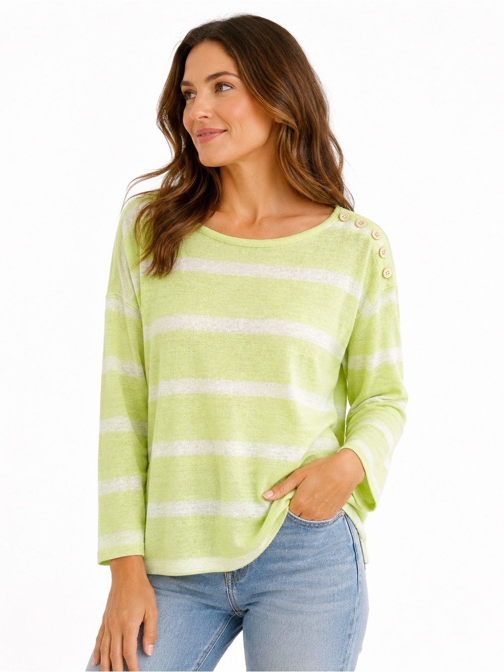 Lauren Ralph Lauren Linen Sweater Green White Stripe Button Shoulder M